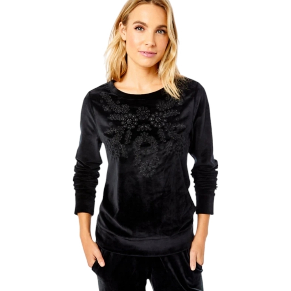 Lilly Pulitzer Womens Onyx Black Rami Velour Floral Print Sweatshirt Size S